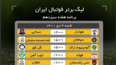 بازی های امروز لیگ برتر فوتبال ایران شنبه 3 دی 1401 به همراه جدول