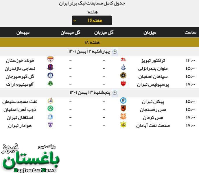برنامه بازی های لیگ برتر ایران هفته 18