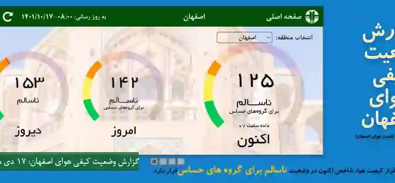 شاخص آلودگی هوا اصفهان امروز شنبه 17 دی 1401