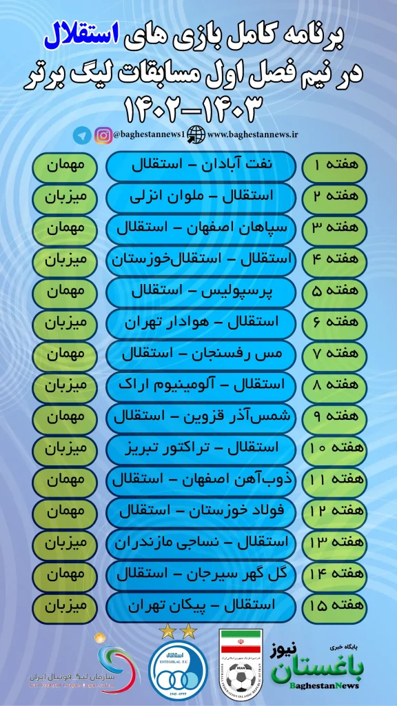 برنامه بازی های استقلال در لیگ برتر فوتبال فصل بعدی 1402 - 1403