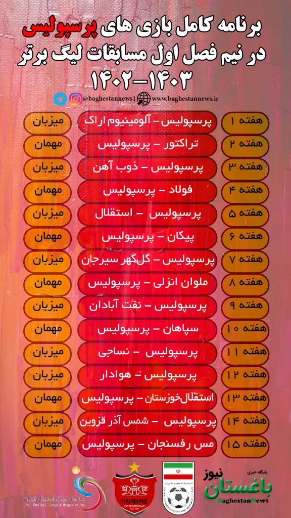 برنامه بازی های پرسپولیس در لیگ برتر فوتبال فصل 1402 – 1403 
