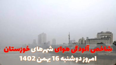 شاخص آلودگی هوای شهرهای خوزستان امروز دوشنبه 16 بهمن 1402