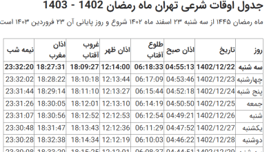 جدول کامل اوقات شرعی تهران در ماه رمضان سال ۱۴۰۲- ۱۴۰۳