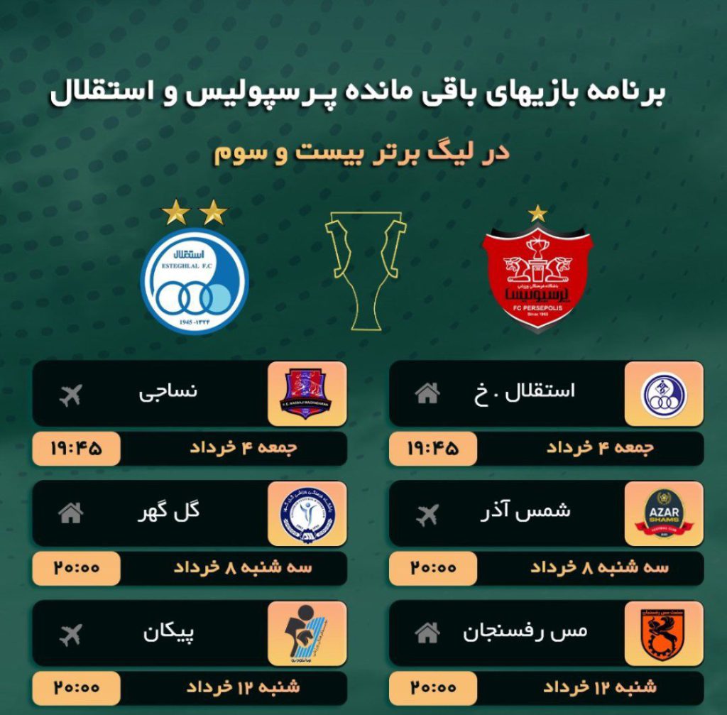 بازی های بعدی پرسپولیس و استقلال در لیگ برتر فصل 1402 - 1403